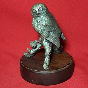 VTG Lance Pewter Pygme Owl Sculpture On Wood Base 1976